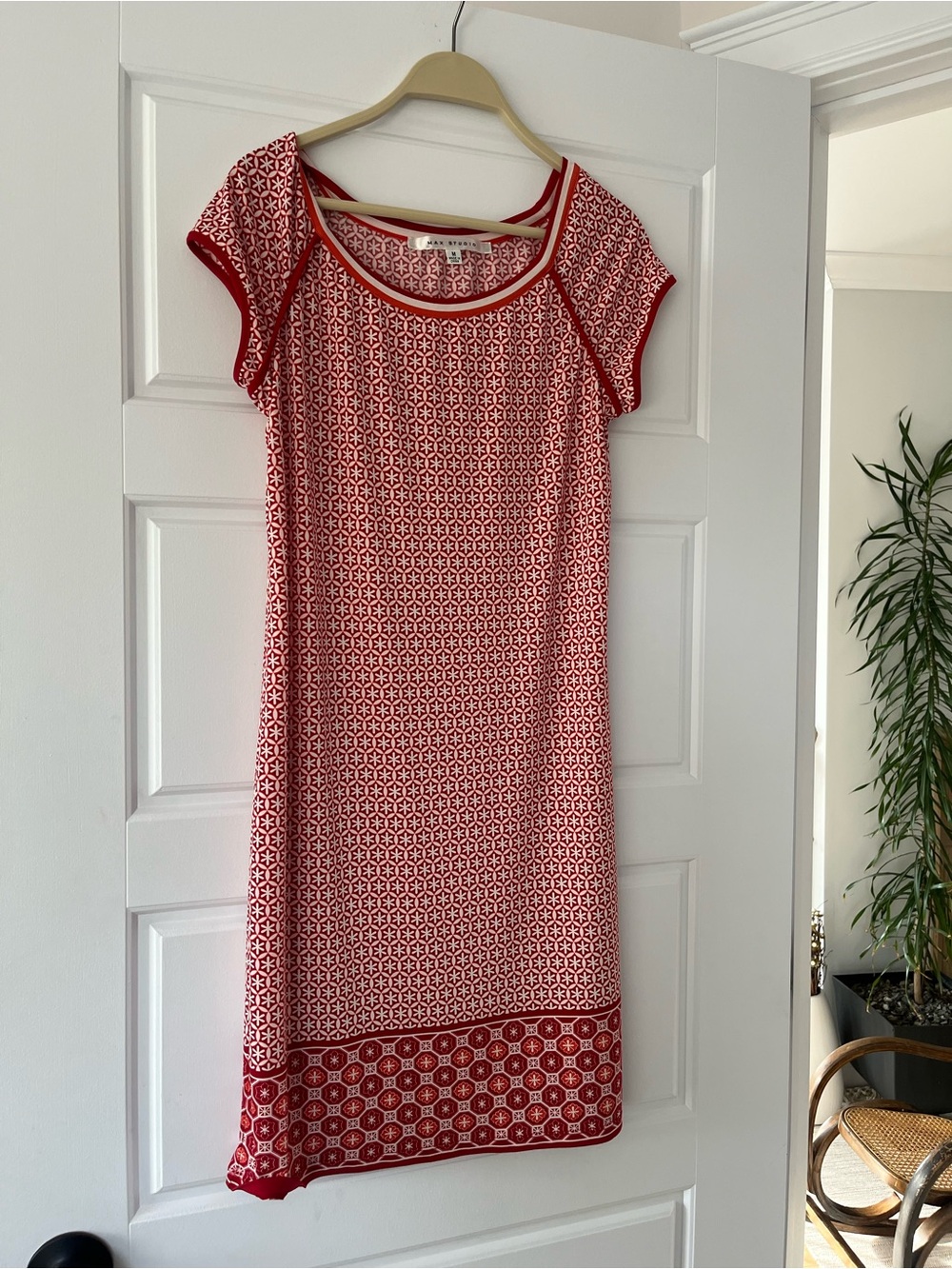 Max Studio Red and White Geometric Midi Dress
